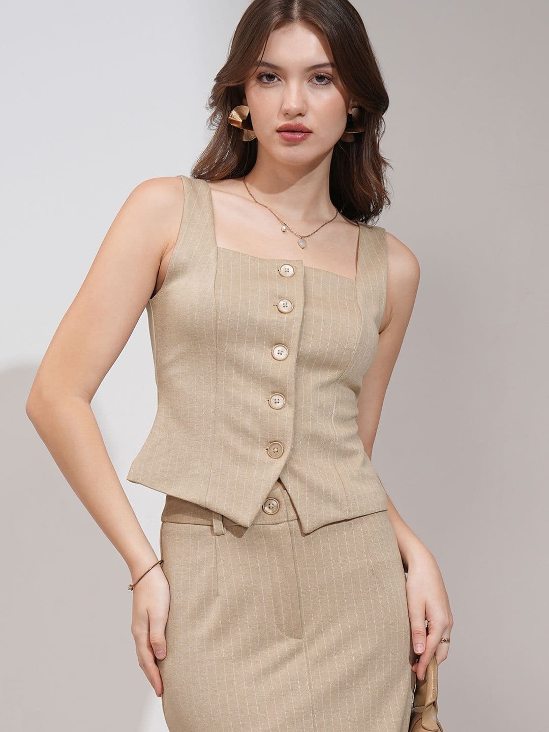 Chic by Tokyo Talkies Women Pinstriped Vest Midi Column Skirt Set — view 2