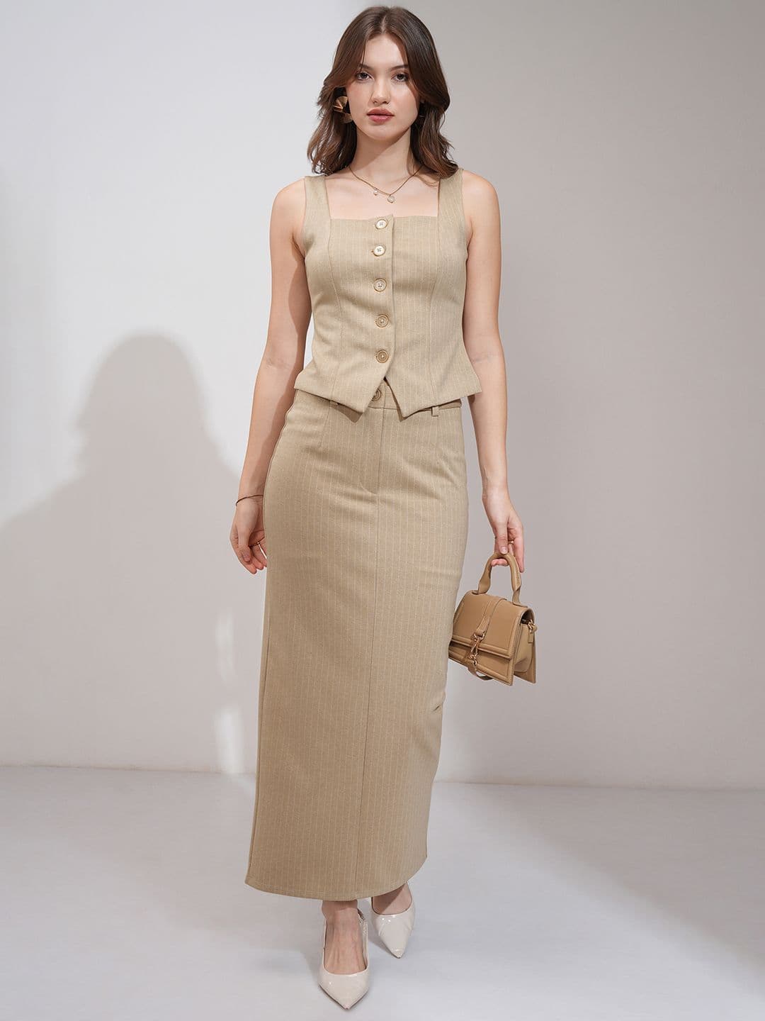 Chic by Tokyo Talkies Women Pinstriped Vest Midi Column Skirt Set