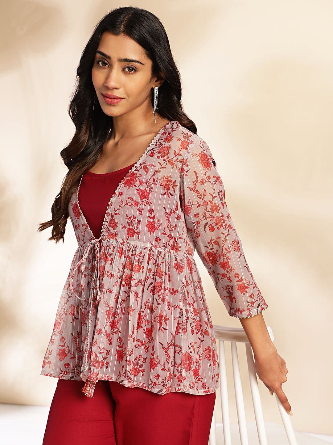 Janasya Women Solid Shoulder Straps Crop Top & Trousers with Floral Print Shrug — view 3