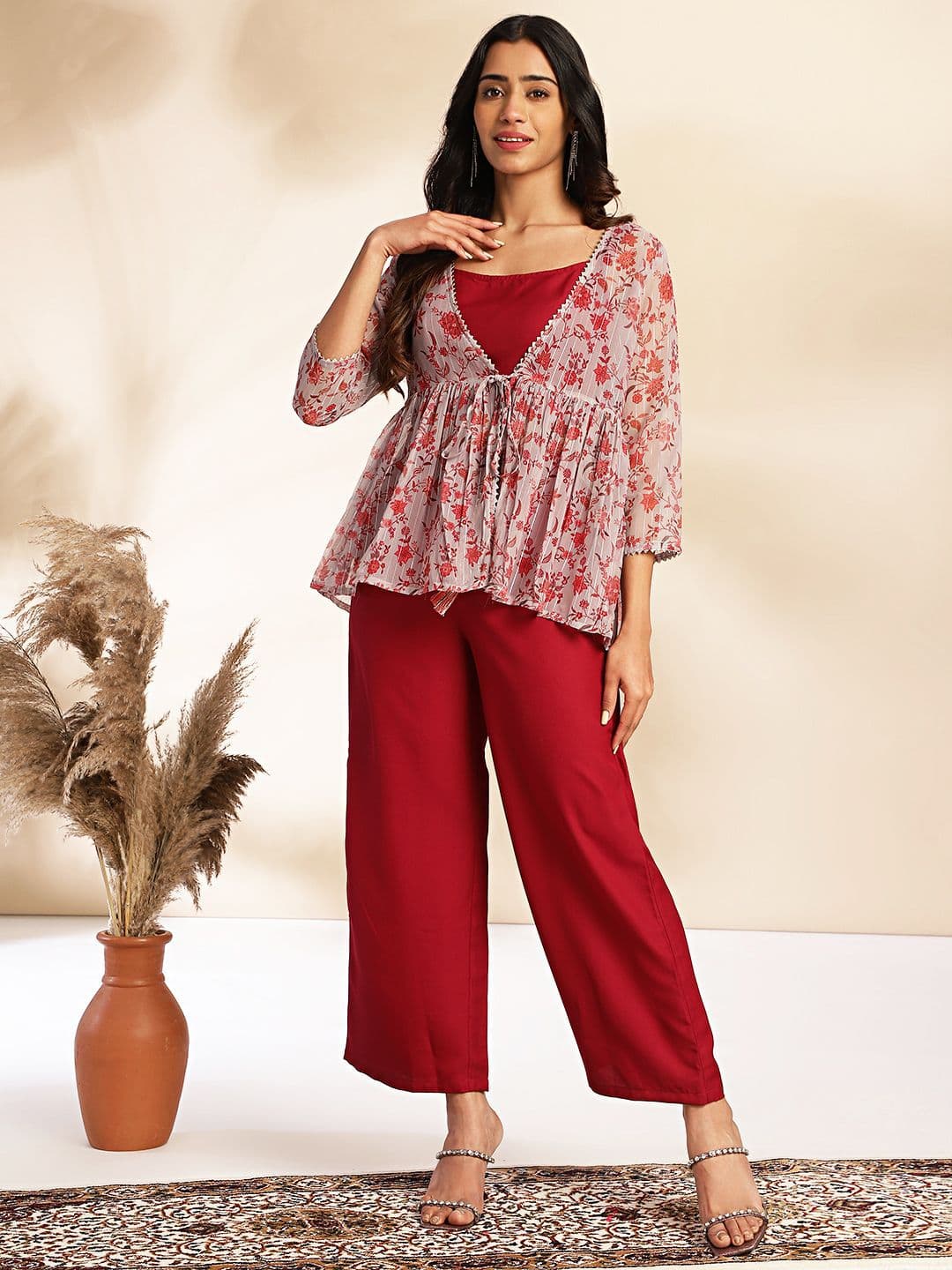 Janasya Women Solid Shoulder Straps Crop Top & Trousers with Floral Print Shrug — view 2