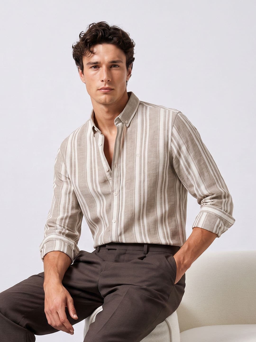 Kenneth Cole Vertical Striped Cotton Linen Casual Shirt